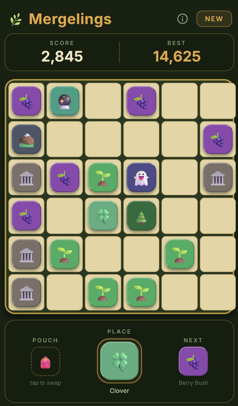 Mergelings gameplay screenshot showing the 6x6 merge puzzle board with grape, clover and Shadow Puff pieces